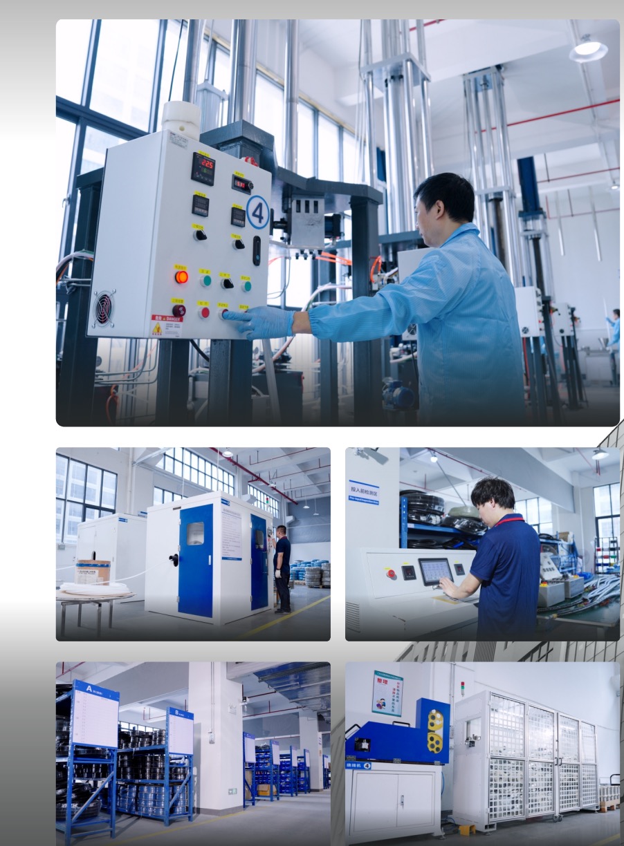 Company-provided collage of workshop equipment and production activities